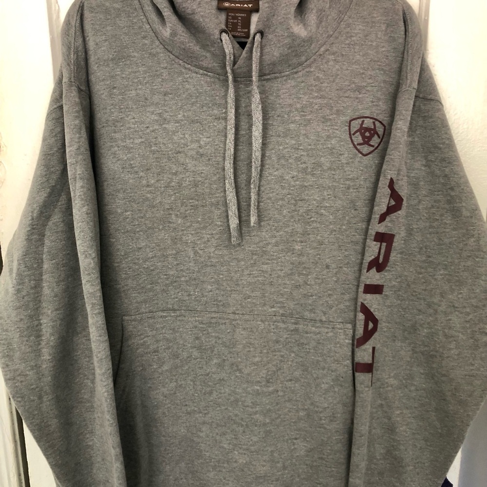 Ariat Gray Hoodie with Maroon Logo and Sleeve Script